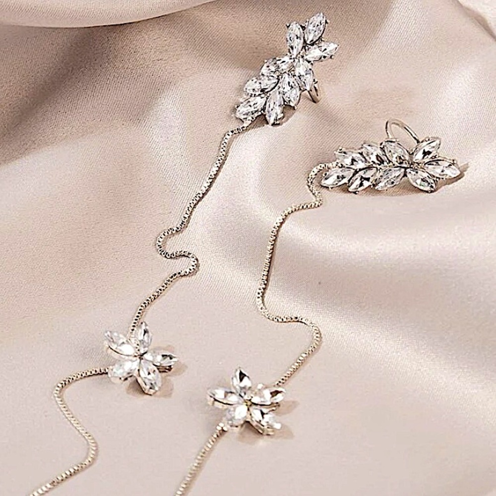 SILVER RHINESTONE FLOWER EAR CUFF THREADER CLIMBER EARRINGS - Picture 2 of 5